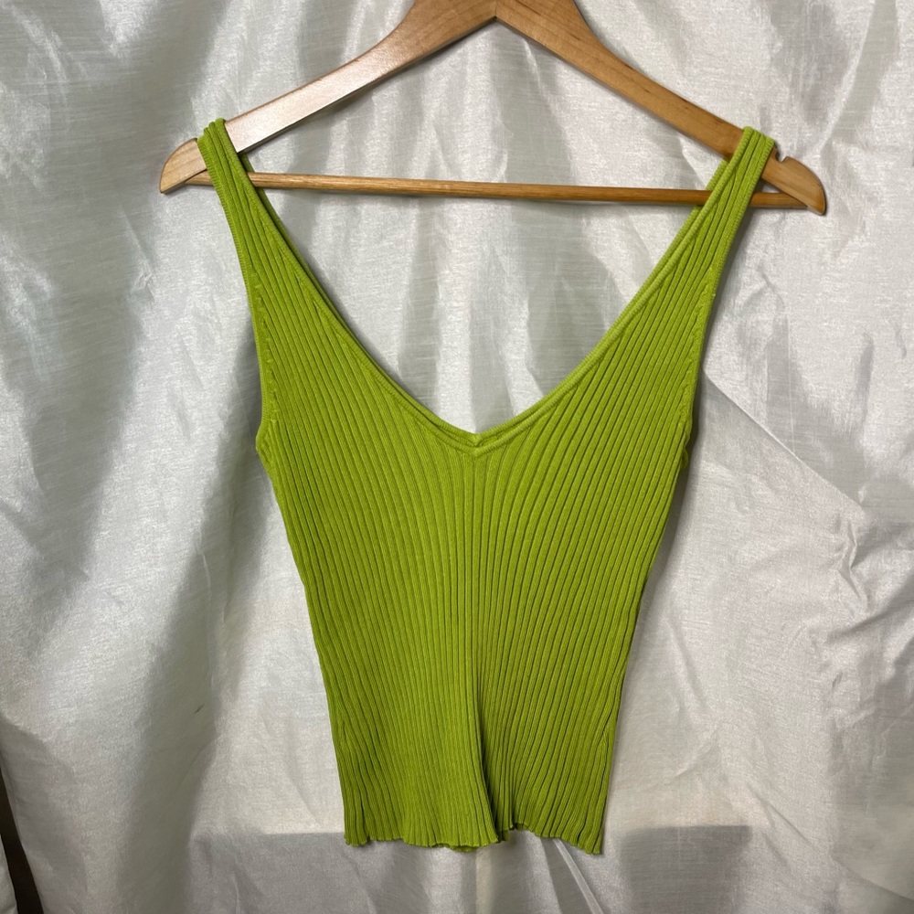 Bright Neon Lime Green Ribbed Deep V-Neck Sleeveless Tank Top Blouse